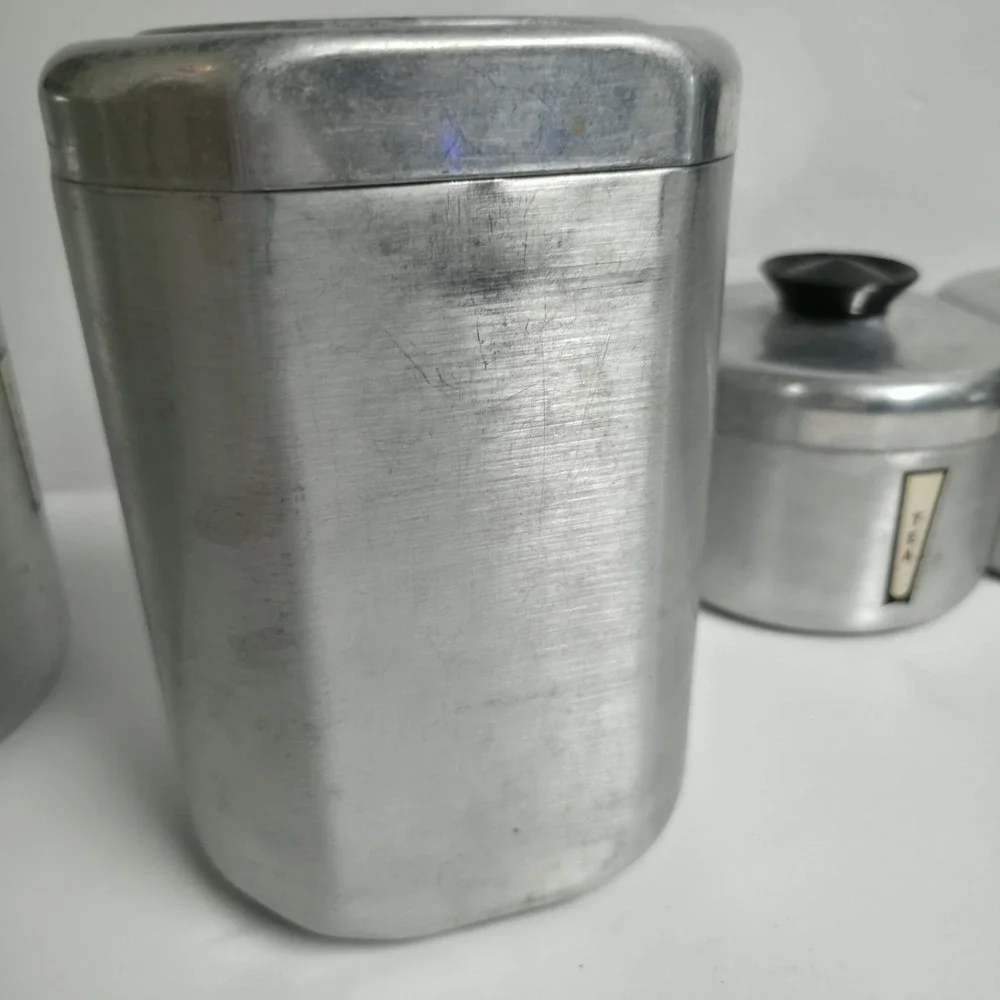 Vintage Kromex Aluminum Canister Set 4pc Flour Sugar Coffee Tea 1950s MCM Retro